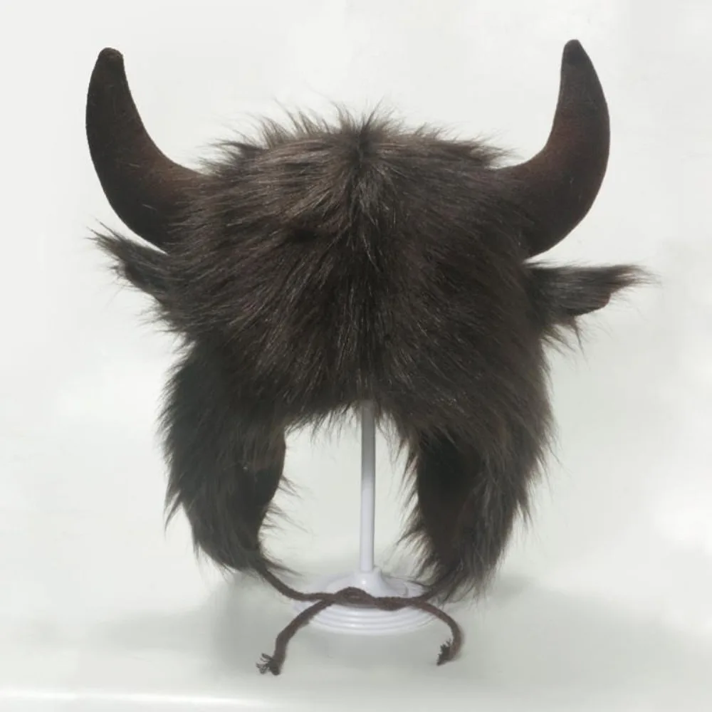 High Quality Unisex Bullhead Hat with Horns Thick Earflap Hat Fluffy Windproof Bison Hat