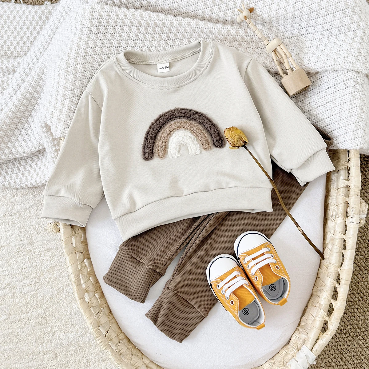 Spring Autumn Infant Outfit New Baby Sets Long Sleeves Pullover Rainbow Embroidery Top+Bottom Toddler Outfit Boys Girls 2pcs