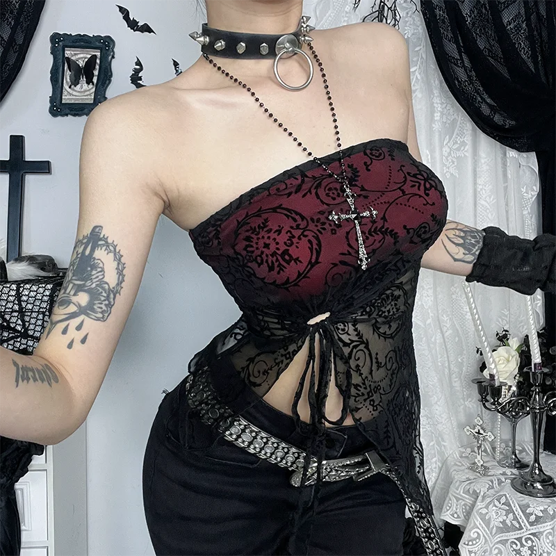 Y2K Goth Zwart Kanten Trim See Through Tube Top Sexy Esthetische Backless Lace-up Corset Crop Top Mode Vrouwen zomer Camis Top