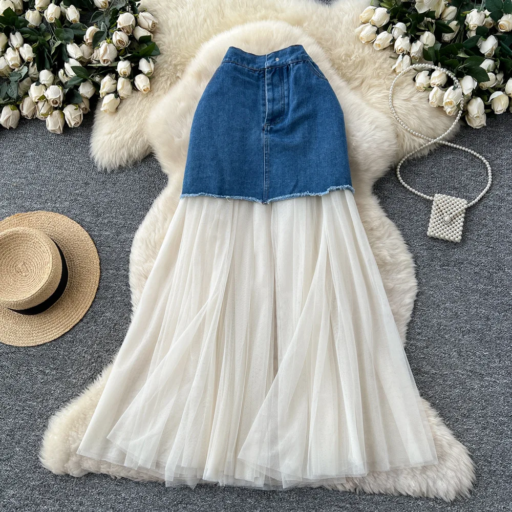 

Women Mesh Spliced Denim Skirts Ankle Lenth Skirt Two Way Reversible A Line Elastic Waist Loose Fit Casual 2025 Spring Autumn