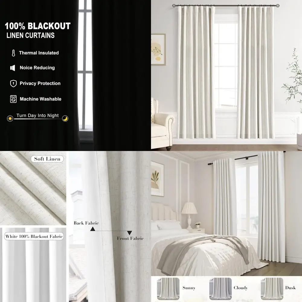 

Натуральные льняные шторы блэкаут, 74 дюйма для спальни, комплект из 2 панелей, термоизолирующие, цвет кремово-бежевый, 52x74