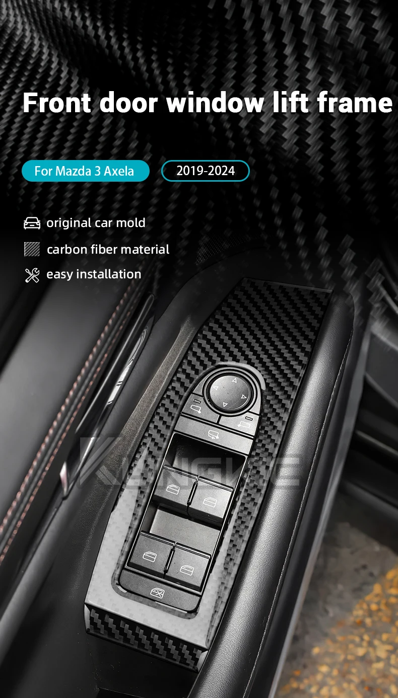 Echter, weicher Carbonfaser-Aufkleber für Mazda 3 BP 2019 2021 2022 2023 2024 2025 (LHD/RHD) – Fensterheber-Verkleidung der Vordertür – Detail 1