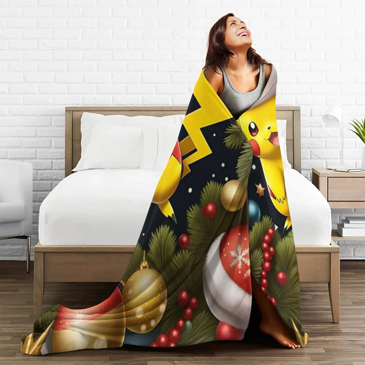 Pikachu Christmas Flannel Blanket Warm Soft Throw Blanket for Bedroom Decorative Comfortable Bedspread Sofa Bed Cover