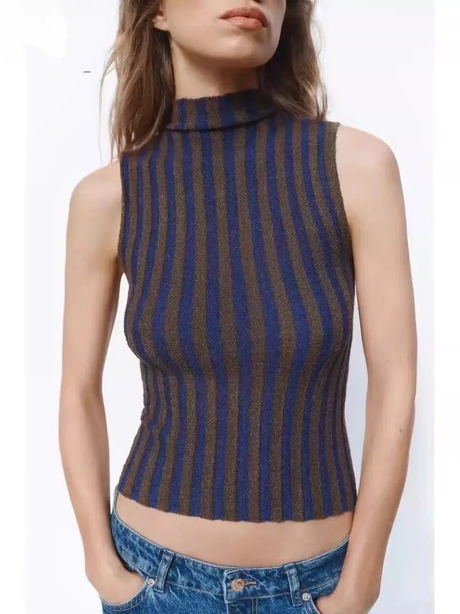 Spring Summer 2025 New Arrival Women's Slim Fit Patchwork Stripe Svel ort Knitted Vest Top Sweet Sle Polyester Fiber