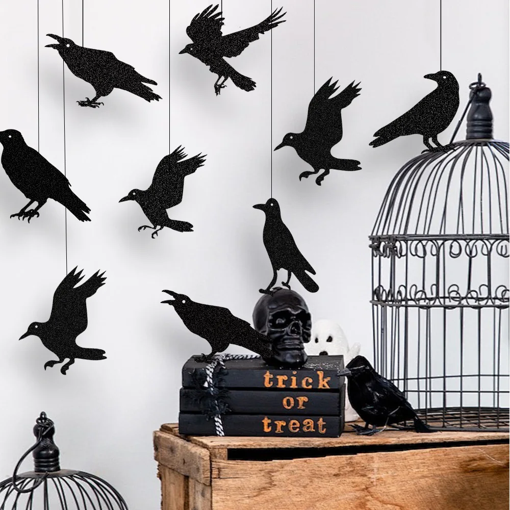 Halloween Black Crow Birdcage Hanging Decoration Banner Halloween Party Hanging Ornaments Crow Garland Home Decor Horror Props