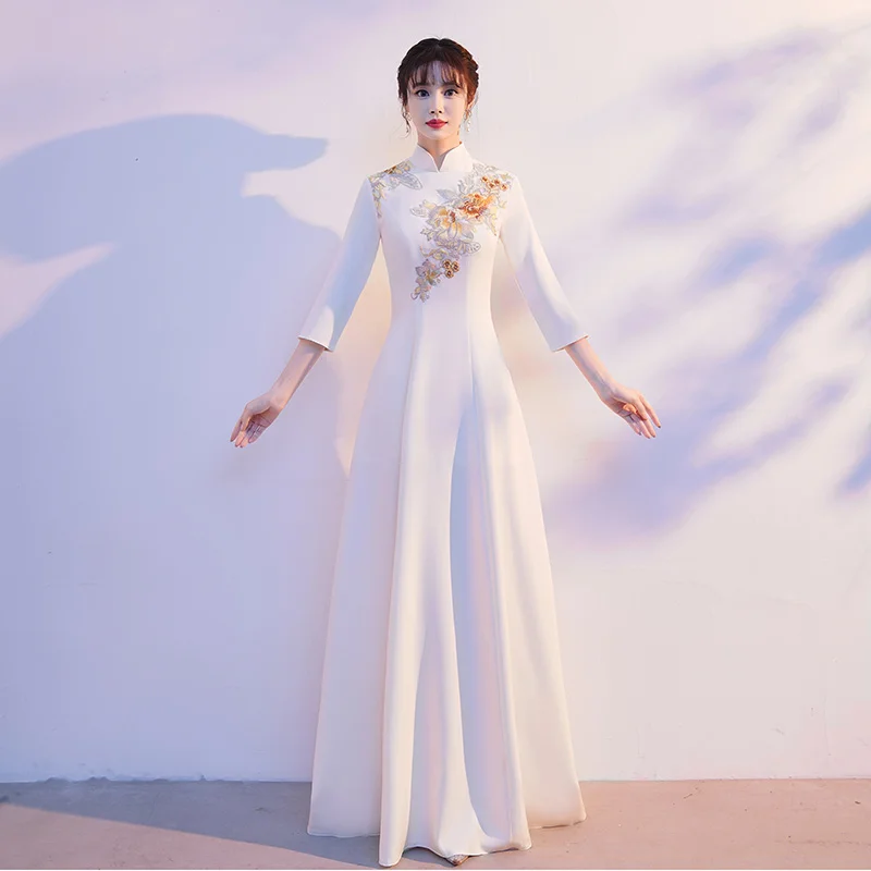 Chinese style Qipao Chorus Performance Costume Female Long Dress 2024 New Host Welcome Etiquette Evening Dress