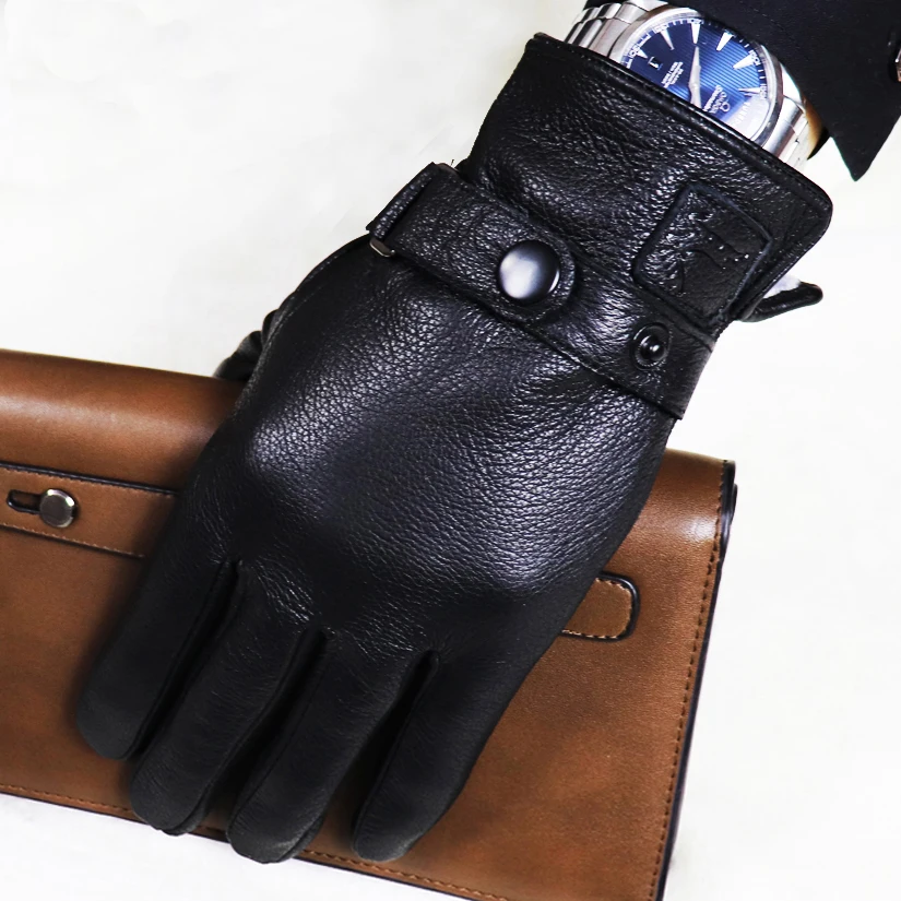 High-end Men\'s Leather Gloves Deer Leather Texture Goat Leather Winter Warm Driving Cycling Wool Knitted Lining 2024  New Style