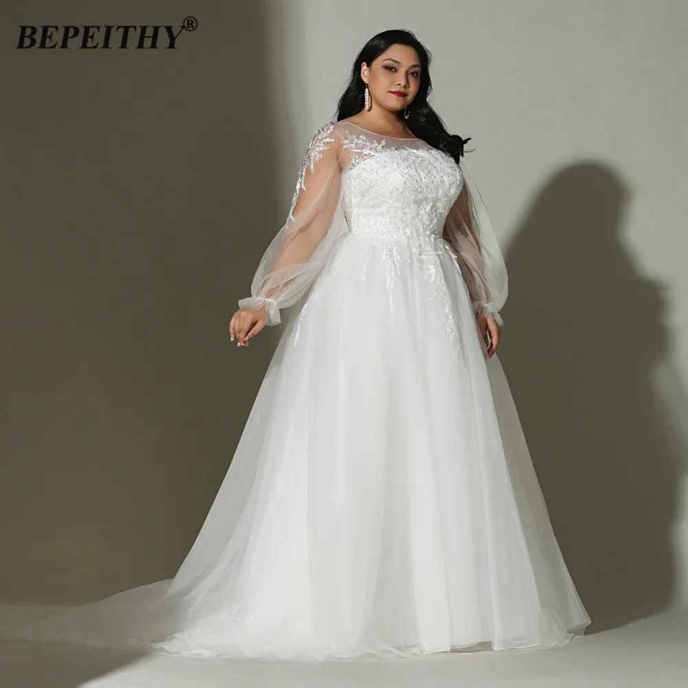 BEPEITHY Customized O Neck Ivory Bridal Dresses Full Sleeves For Plus Size Women 2023 Spring White Lace Beads Wedding Gown