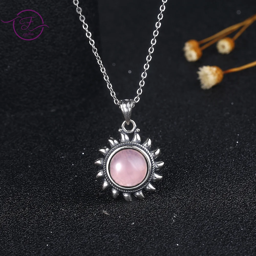 

Pink Natural Rose Quartz Sun Shaped Necklace S925 Sterling Silver Tiger Eye Pendant for Women Luxury Wedding Gift Fine Jewelry