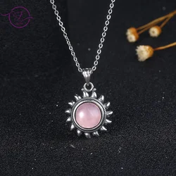 Pink Natural Rose Quartz Sun Shaped Necklace S925 Silver Tiger Eye Pendant for Women Luxury Wedding Gift Fine Jewelry