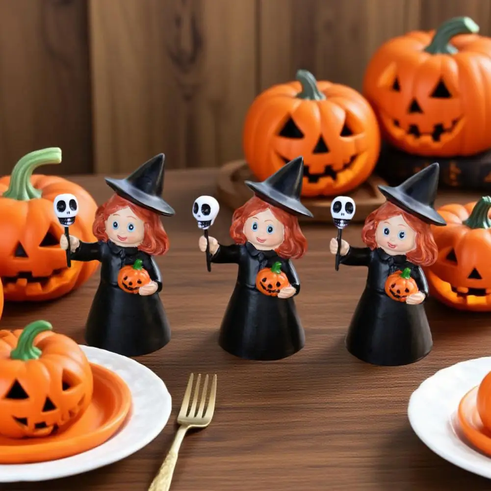 

Halloween Witch Ornament Halloween Witch Figurine Set with Skull Pumpkin Resin Statues for Home Office Party for Holiday