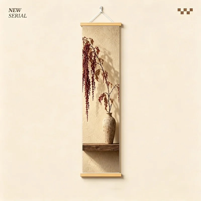 Wall Decor Hanging Amaranth and Nigella Pod, Serene Wabi-Sabi Botanical Silver Shimmer Canvas Hanging Scroll for Spa Room