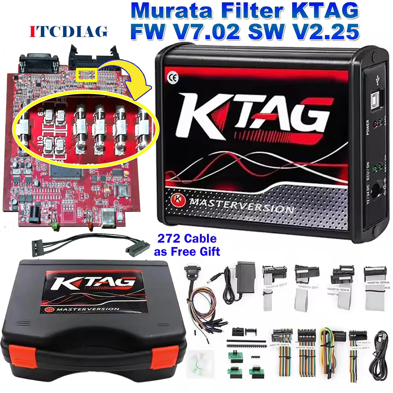 

Murata Filter Ktag ECU Programmer KTAG V7.02 V2.25 Red PCB Red EU Unlimited Point Networkable Online With New Ktag 272 ECU Cable