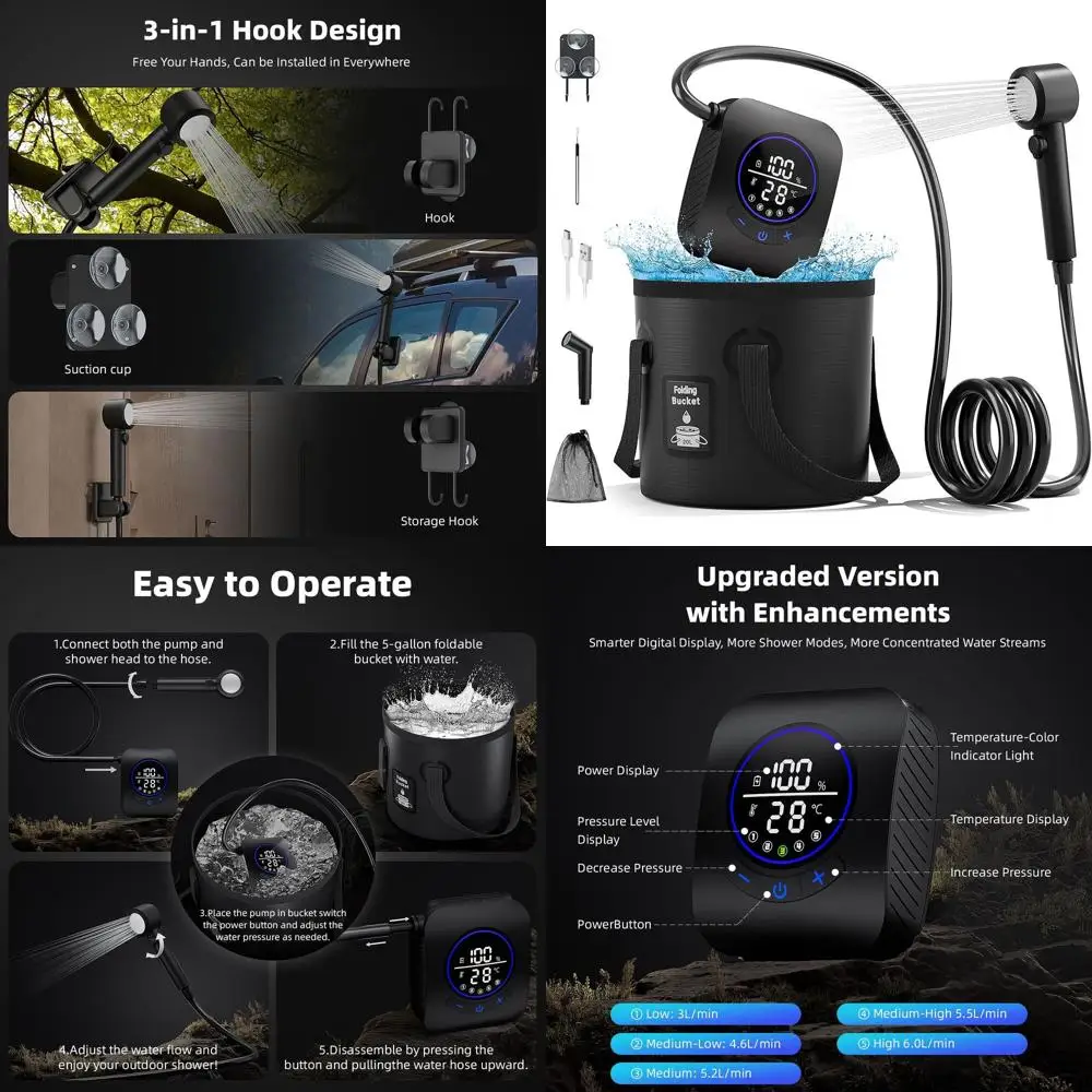 

Portable 8000mAh Rechargeable Electric Shower Pump with 5-Gallon Bucket for Camping and Outdoor Adventures