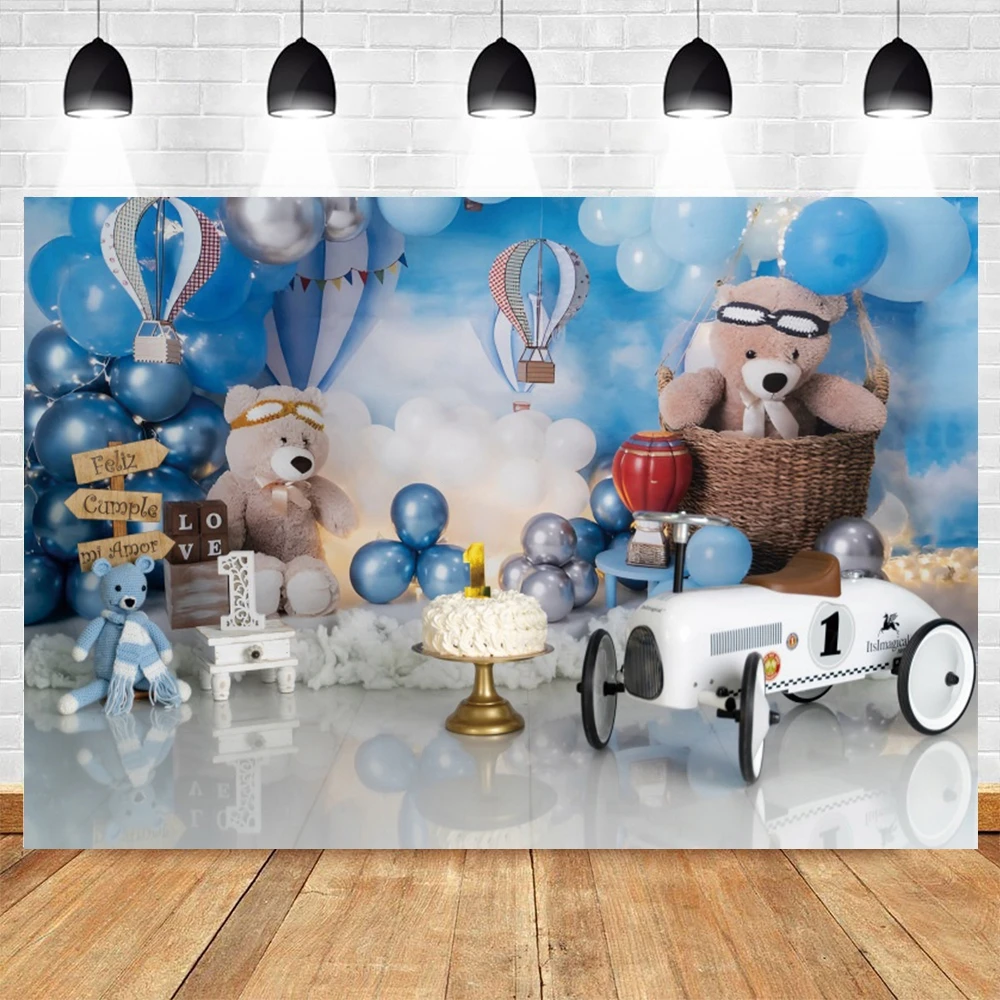 Newborn Kids Birthday Party Photography Backdrop Blue Starry Sky Bear Hot Air Balloons Baby Shower Cake Smash Party Backgrounds