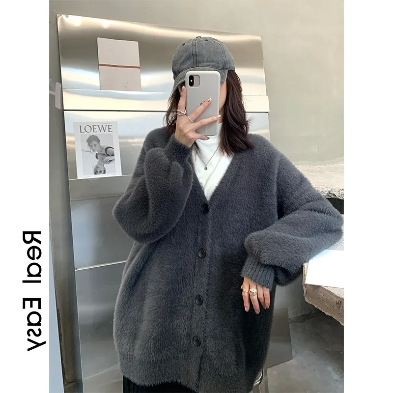 

Fall/Winter 2024 New Faux Mink Cardigan Jacket Women's Loose Korean Version Lazy Style Outer Thin V-neck Knit