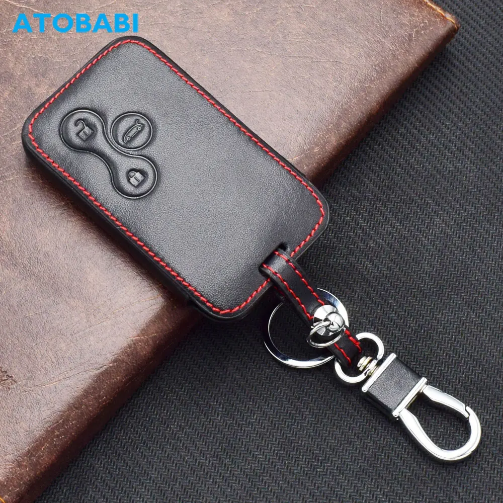 ATOBABI Leather Car Key Case Keychain For Renault Megane II Grand Scenic 2006 2007 2008 3 Buttons Smart Keyless Remote Fob Cover