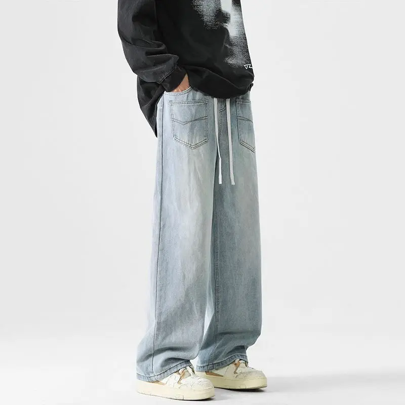 メンズハイストリートジーンズレトロ秋新作カーブドナイフルーズブラックアメリカンワイドレッグパンツカジュアルストレートレッグパンツ