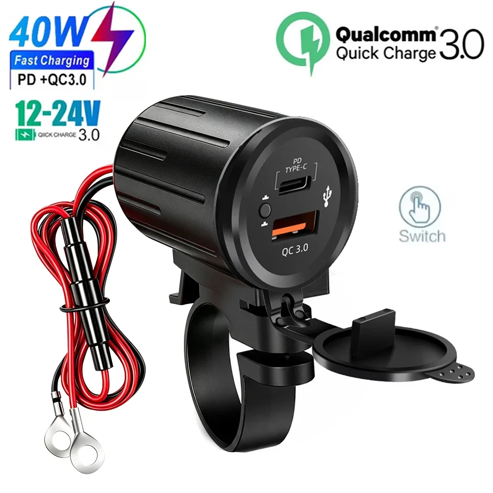 PD QC 3.0 USB C Car Charger with Switch Motorcycle Fast Charger Socket Power Outlet Adapter Waterproof for 12V/24V Car ATV Boat