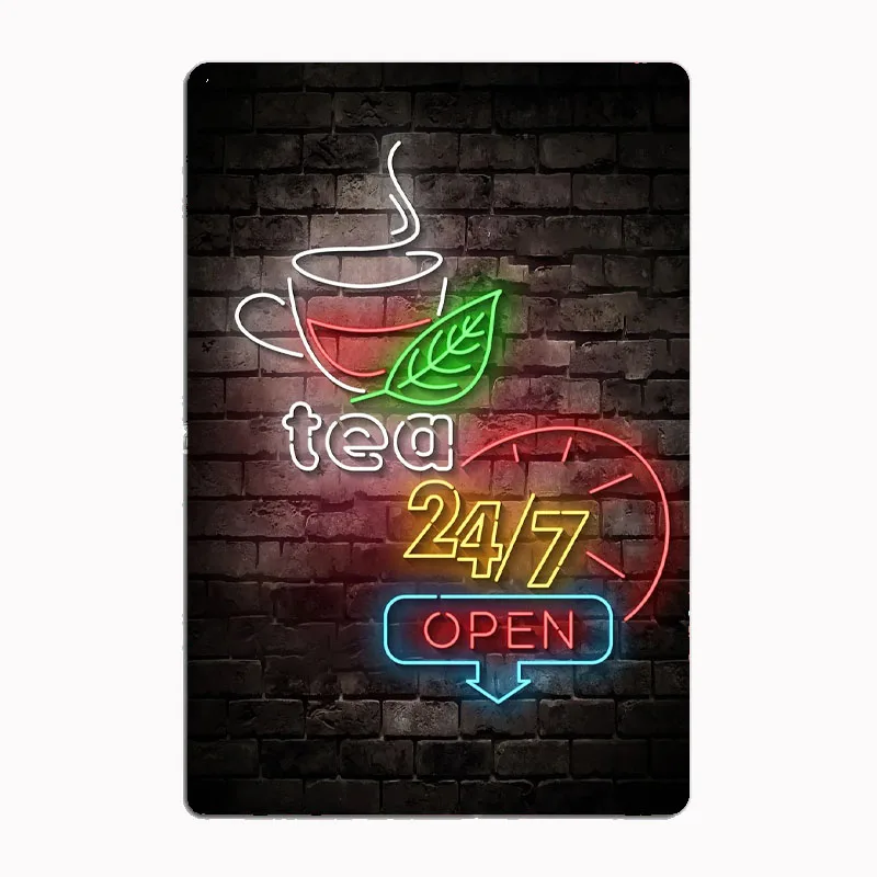 

Neon Sign That Says 'tea 24/7 Open'Retro Poster Metal Sign Bar Interior Bedroom Wall Vintage Home Decor Room Decoration