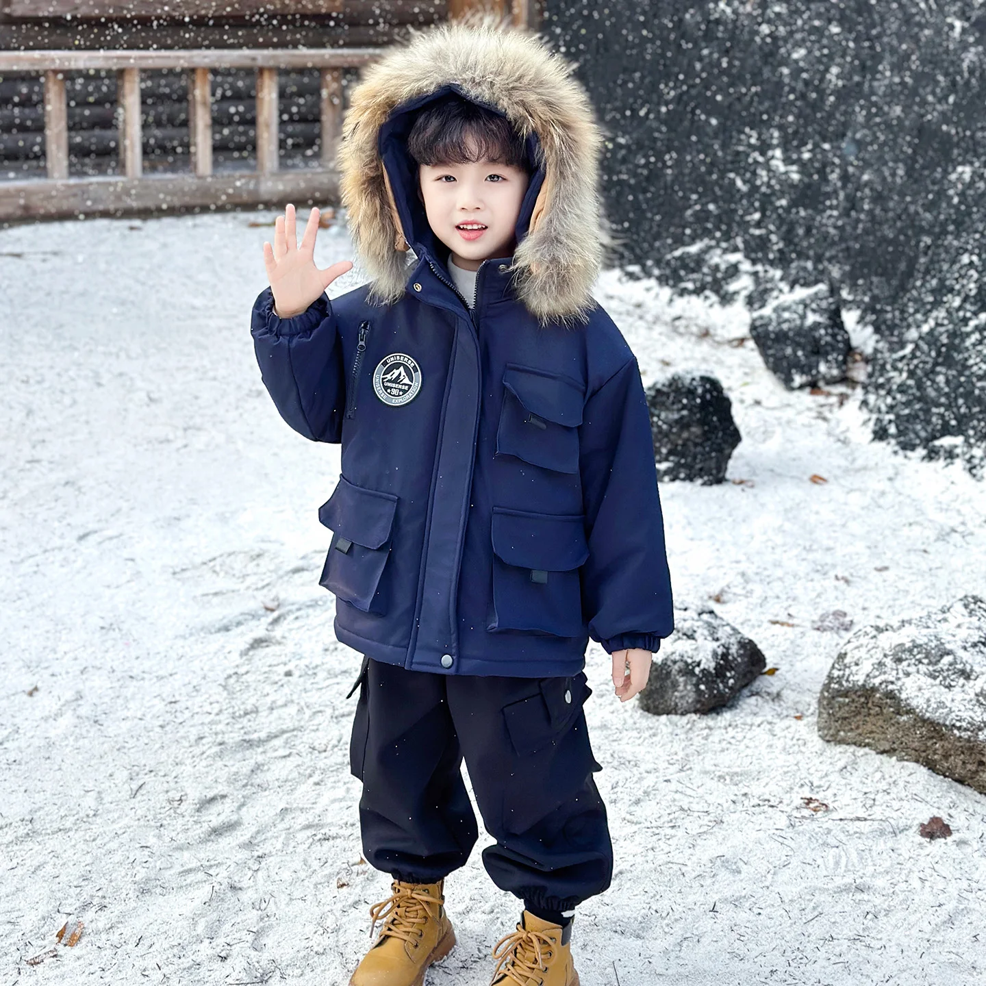 

Новая модная зимняя парка для мальчиков с флисовой подкладкой, хлопковая, с большим меховым воротником, осенне-зимняя, для подростков