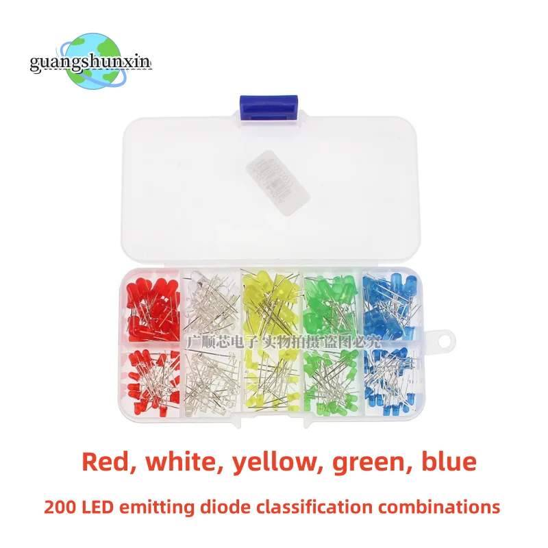 200 sztuk / pudełko Zestaw diod elektroluminescencyjnych LED, zestaw diod LED 3MM 5MM do elektroniki DIY Biały Czerwony Niebieski Zielony Żółty