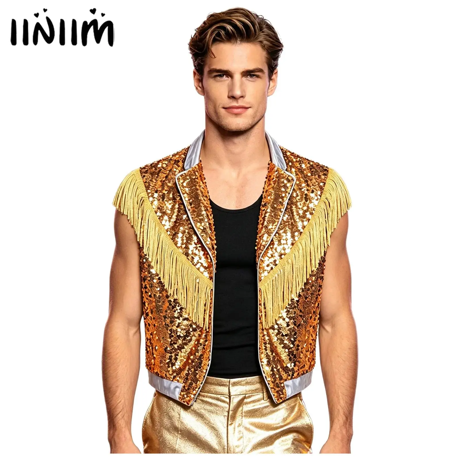 Mens Metallic Shiny Tank Top Hip Hop Jazz Dance Costume Sparkling Allover Sequin Vest Lapel Sleeveless Tassel Open Front Vest