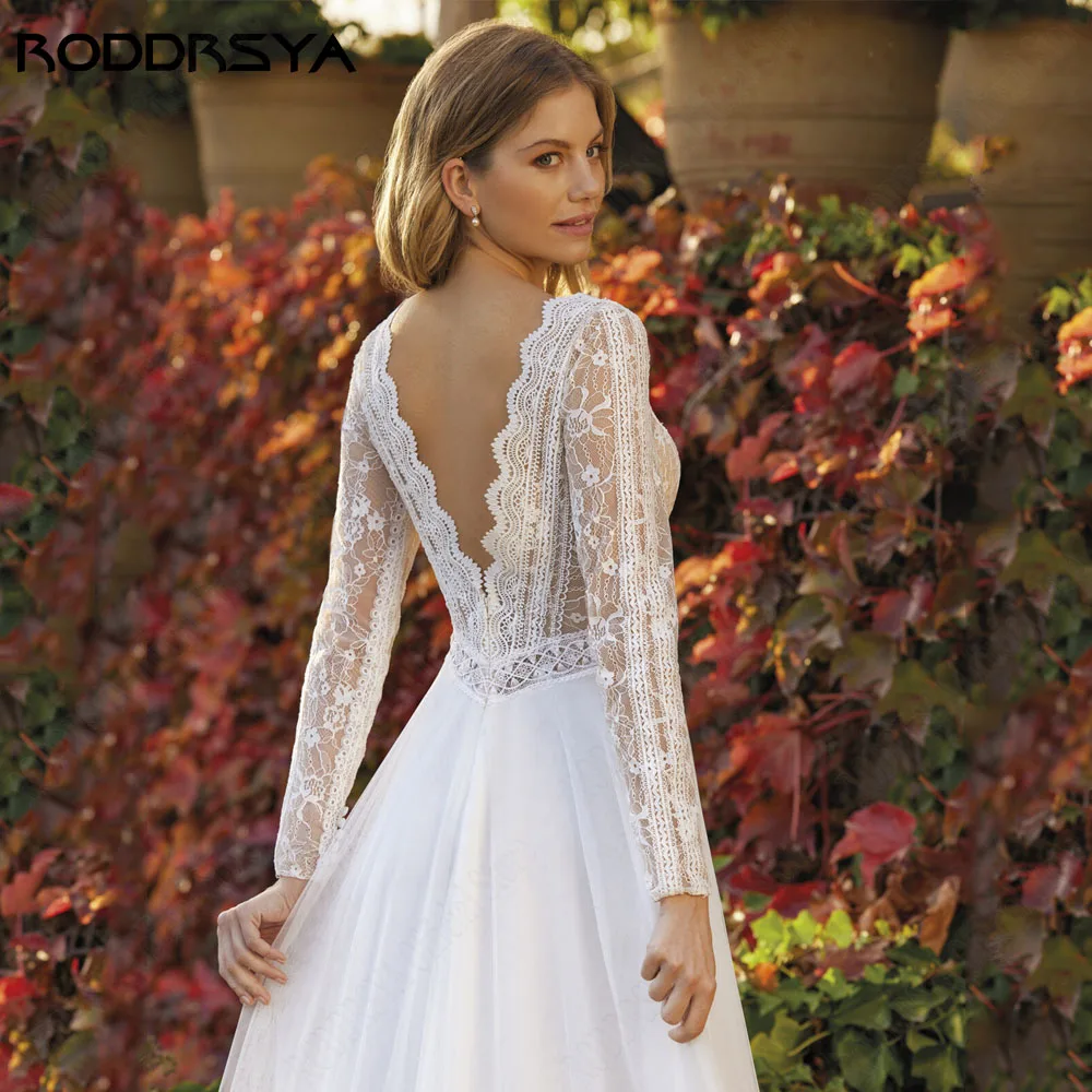 RODDRSYA gaun pernikahan renda gaun pernikahan V-Neck Lengan Panjang punggung terbuka A-Line Applique menyapu gaun pengantin gaun pengantin Robe De Mariage