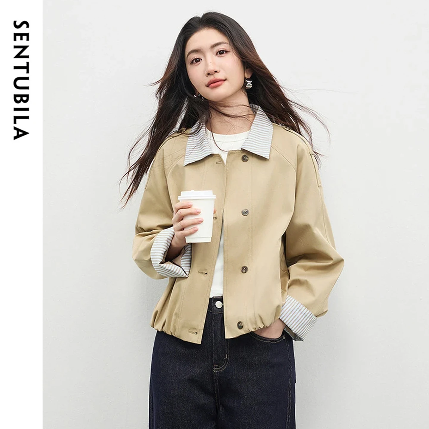 SENTUBILA Short Jacket for Women 2026 Loose Contrast Splicing Stripe Lapel Collar Trench Coats Spring Casual Lady Coat W61WB5876