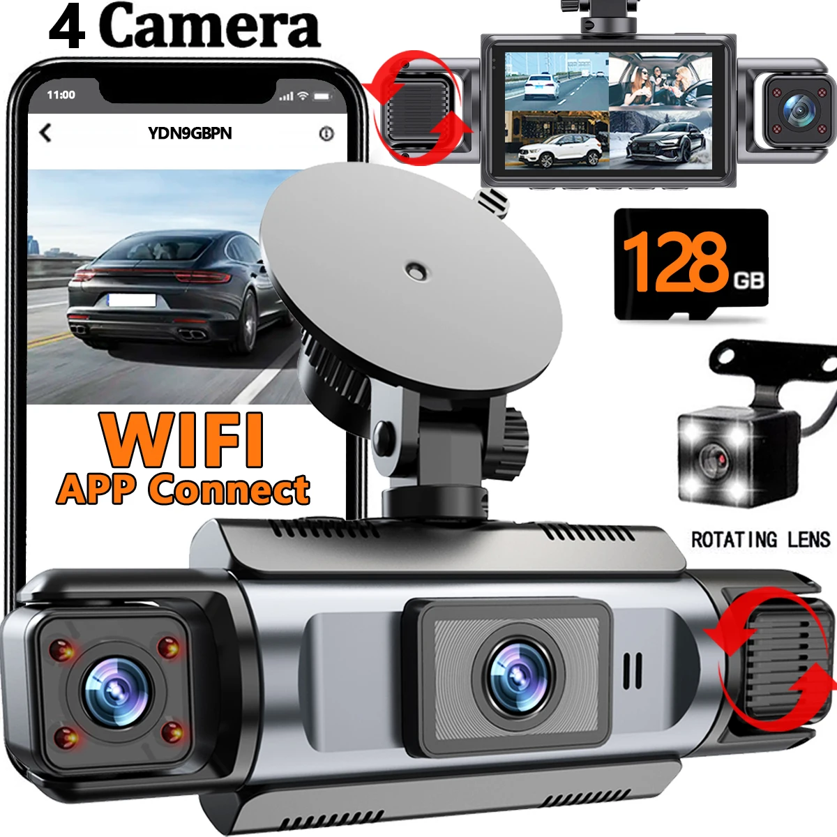 

4-канальный видеорегистратор, Wi-Fi, видеорегистратор для автомобиля, видеорегистратор, видеорегистратор, ночное видение, 24-часовой парковочный монитор, черная коробка 360 ° Автомобильная камера записи