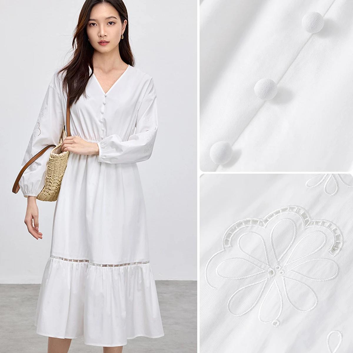 SENTUBILA فساتين نسائية بيضاء 2025 ربيع القطن الجوف التدريجي التطريز عطلة الخامس الرقبة نفخة الأكمام ألف خط فستان طويل 151L58210 #4