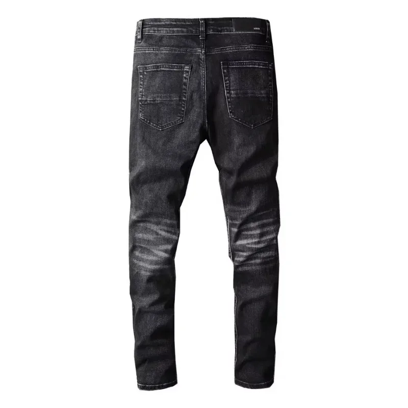 Pantalones vaqueros elásticos ajustados con agujeros de HipHop para hombre, pantalones pitillo bordados, pantalones pitillo vaqueros ajustados desgastados con estilo para hombre