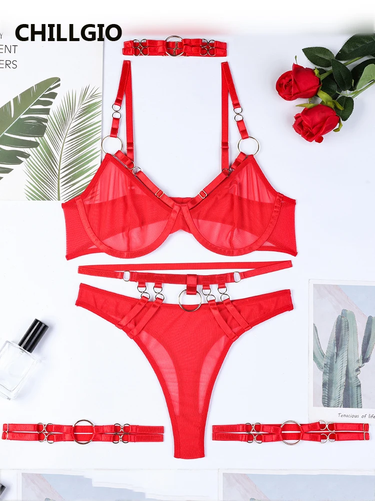 CHILLGIO Women Transparent Bra Brief Suit Sexy Push Up Underwear Pornographic 5 Piece Fashion Club Bodycon Intimate Lingerie Set