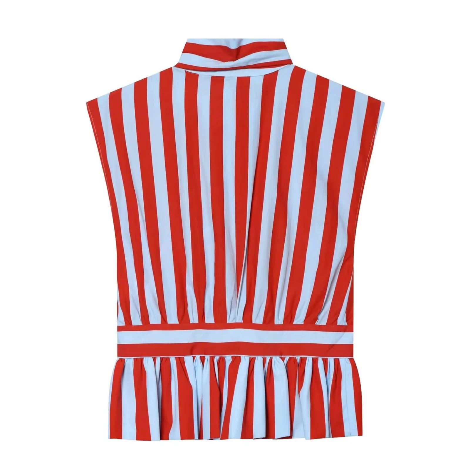 HH Damen Elegantes Schickes Gestreiftes Hemd mit Plissiertem Saum, Ärmellos, Schnürung, Stehkragen, Tailliertes Oberteil, Sommermode 2026, Streetwear – Detail 3