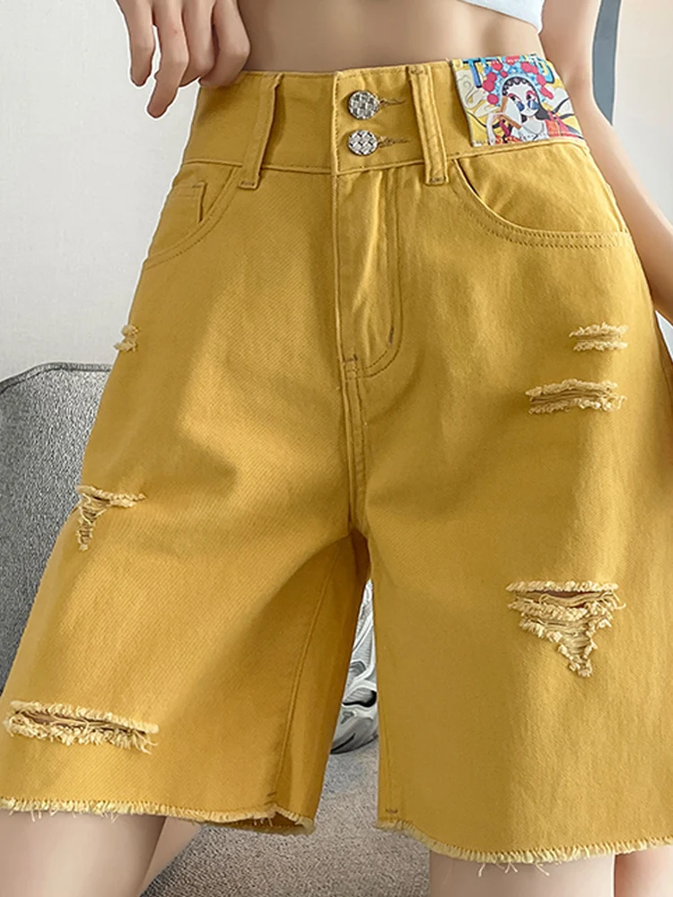 Super hot ripped jeans women's wide leg mid length pants summer thin style tassel high waist yellow 5-point shorts