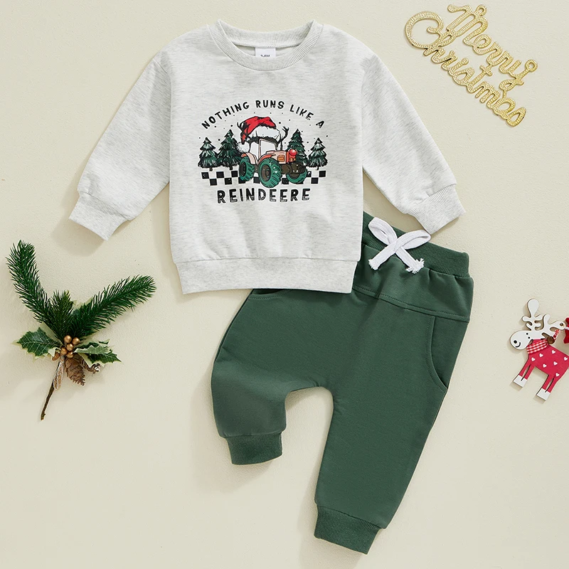 2024-07-01 Lioraitiin Baby Boy Christmas Outfits Long Sleeve Sweatshirt + Reindeer Truck Print Pants Set Toddler Clothes