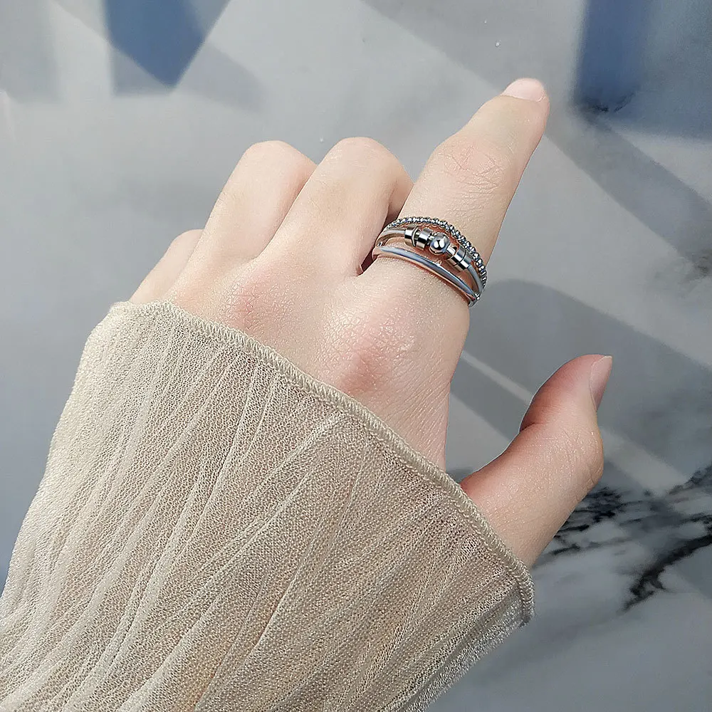 F.I.N.S S925 Sterling Silver Layered Staggered Anti Anxiety Stress Rotatable Beads Ring Fidget Bead Adjustable Finger Rings