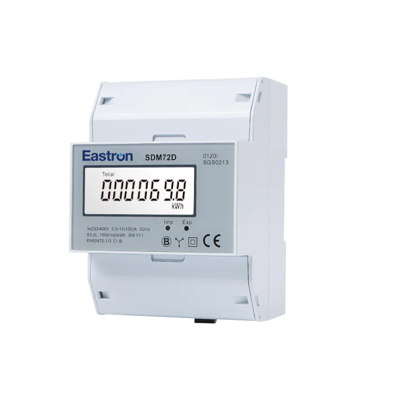 SDM72D MID, 10(100)A,220/230V, 3 Phase 4 Wire Energy Meter; 4 Module Wide; Pulse Output;100A Direct Load, 6+1 Digits LCD Display