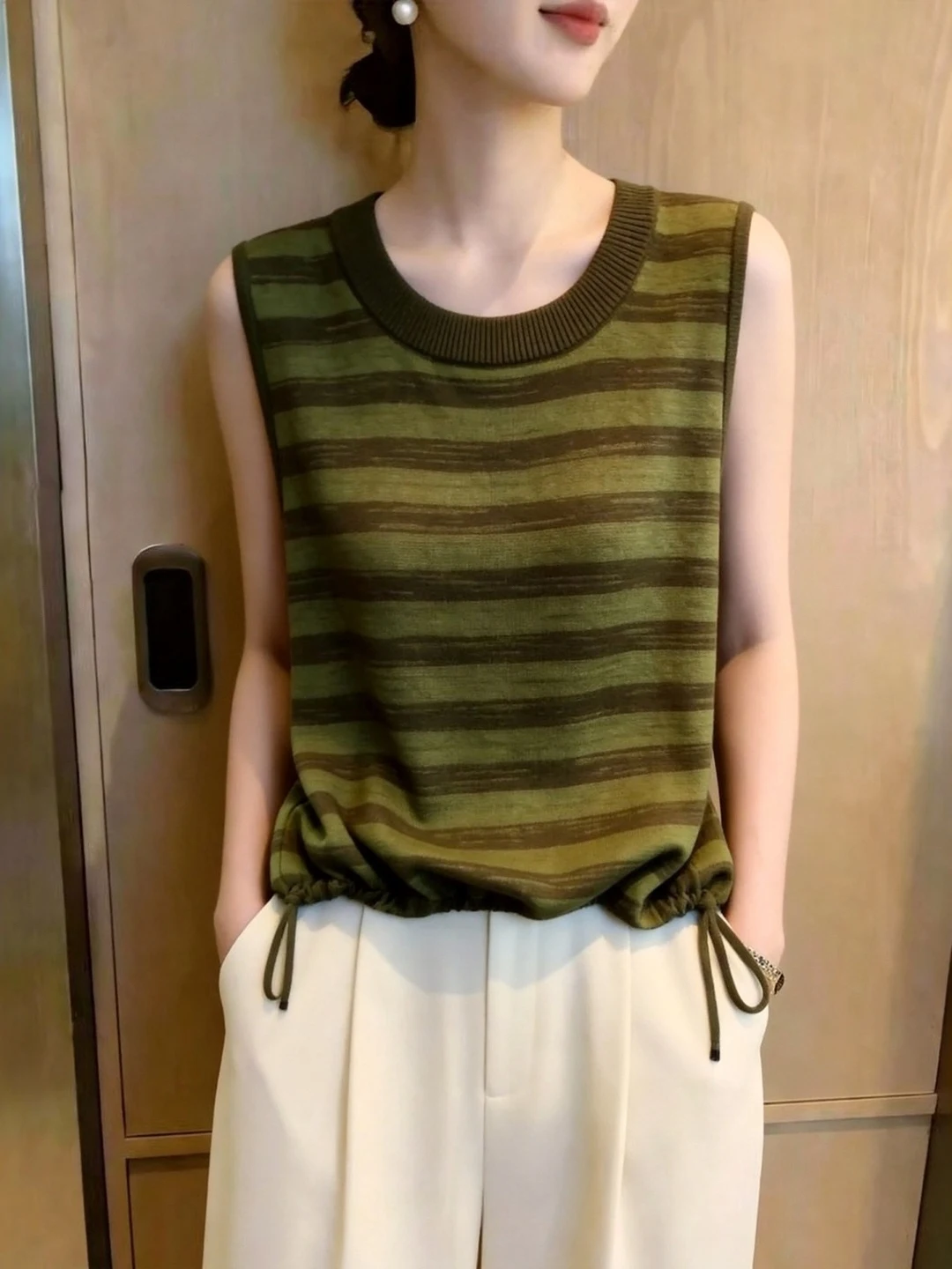 Ladies' Knitted Vest Summer plus Size Loose Fit Drawstring Waist Slimming Sleeveless Top Retro Stripes Casual Comfortable