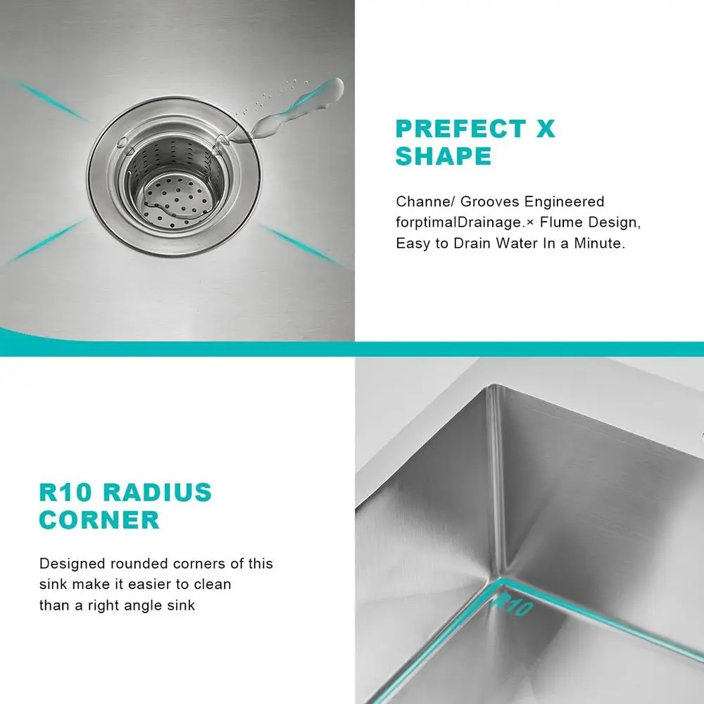 حوض مطبخ مقاس 24 بوصة، وعاء فردي من الفولاذ المقاوم للصدأ مقاس 18 بوصة، حوض محطة عمل بفتحة واحدة، D24 بوصة × W18 بوصة × H9 بوصة