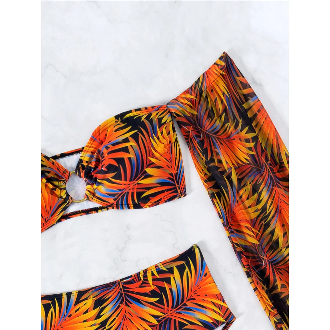 S - XL, bedruckter, langärmliger Bikini mit hoher Taille, Damen-Badeanzug, zweiteiliges Bikini-Set, Badebekleidung, Badeanzug, Modell V6920. – Detail 6