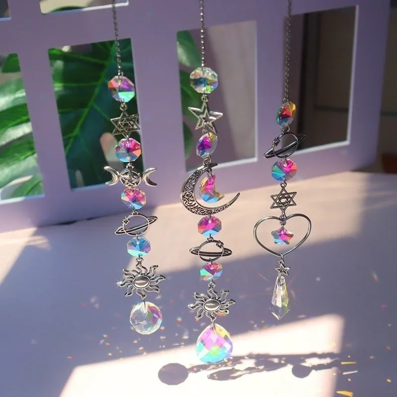 Crystal Wind Chime Pendant Catcher Crystal Prisms Moon Sun Dream Catcher Rainbow Chaser Hanging Windchime Home Garden Decor