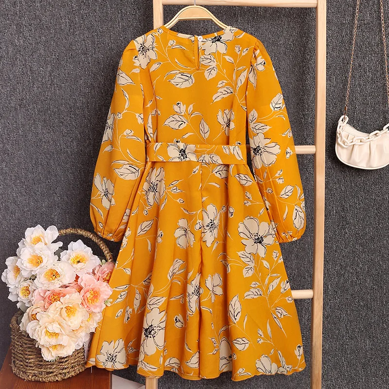 5-12Y Girl Spring and autumn style long-sleeved dress plant floral print round neck princess skirt party dress clothing