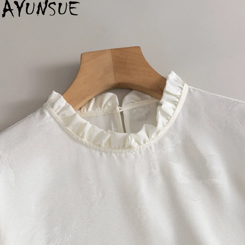 AYUNSUE 100% Silk Pullover Blouse Femme Elegant Long Sleeve Tops for Woman Silk Jacquard Blouse Woman Clothes Spring Ropa Mujer