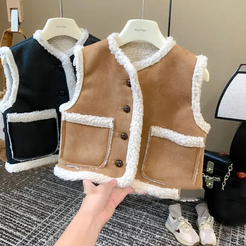 Boys and Girls Vest Deer Skin Velvet Composite Lamb Fleece Winter Warm Shoulder Top 2024 New Children\'s Clothes