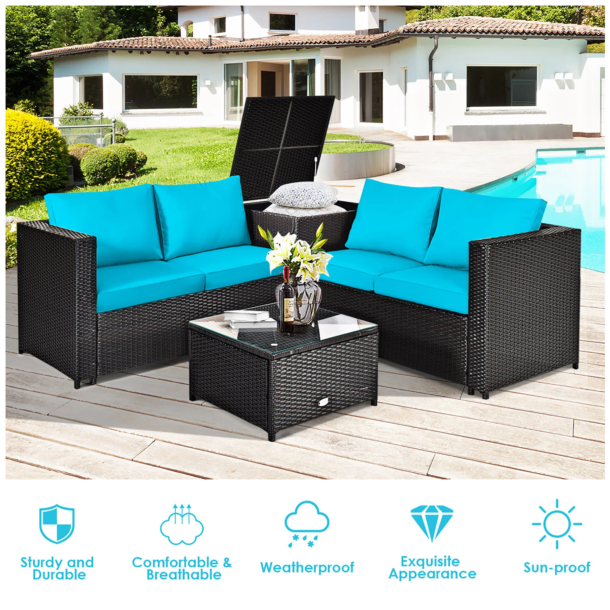 Outdoor Pátio Rattan Móveis Set, Turquesa Loveseat, Mesa De Armazenamento, Almofada, 4Pcs