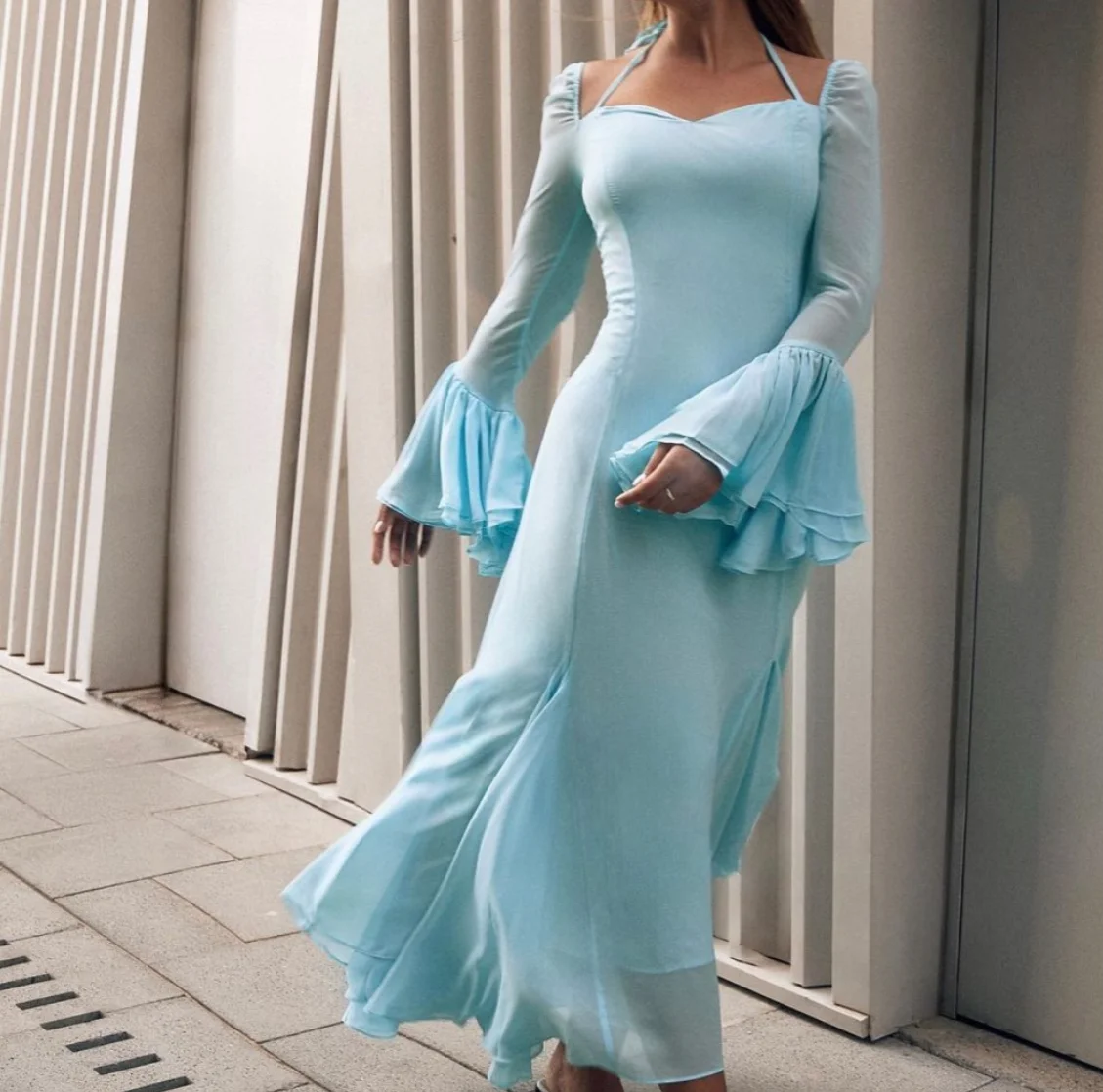 

Blue Square Neckline Halter Evening Dresses Long Sleeves Prom Dresses Saudi Arabia Women's Formal Dress New Arrivals