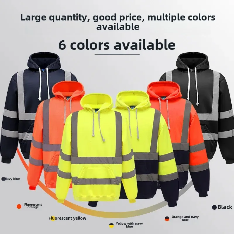 WinterWarmHooded Reflective Sweatshirt Outdoor Construction Site Safety Pullover Anti-cold Reflective Clothing Transport Warning