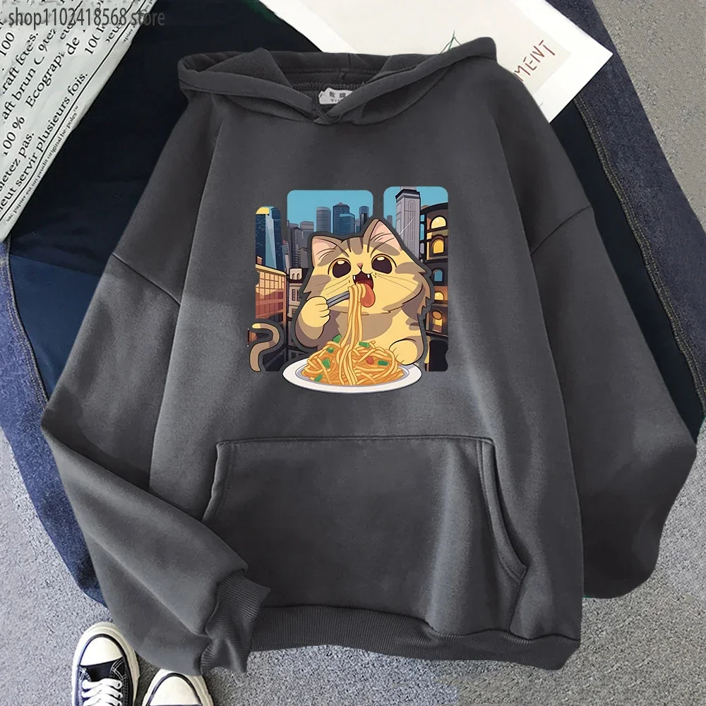 Cat Eating Spaghetti Hoodie for Women Cartoon Cute Animal Print Sweatshirt Men Aesthetic Clothes Harajuku Kawaii Girl Streetwear