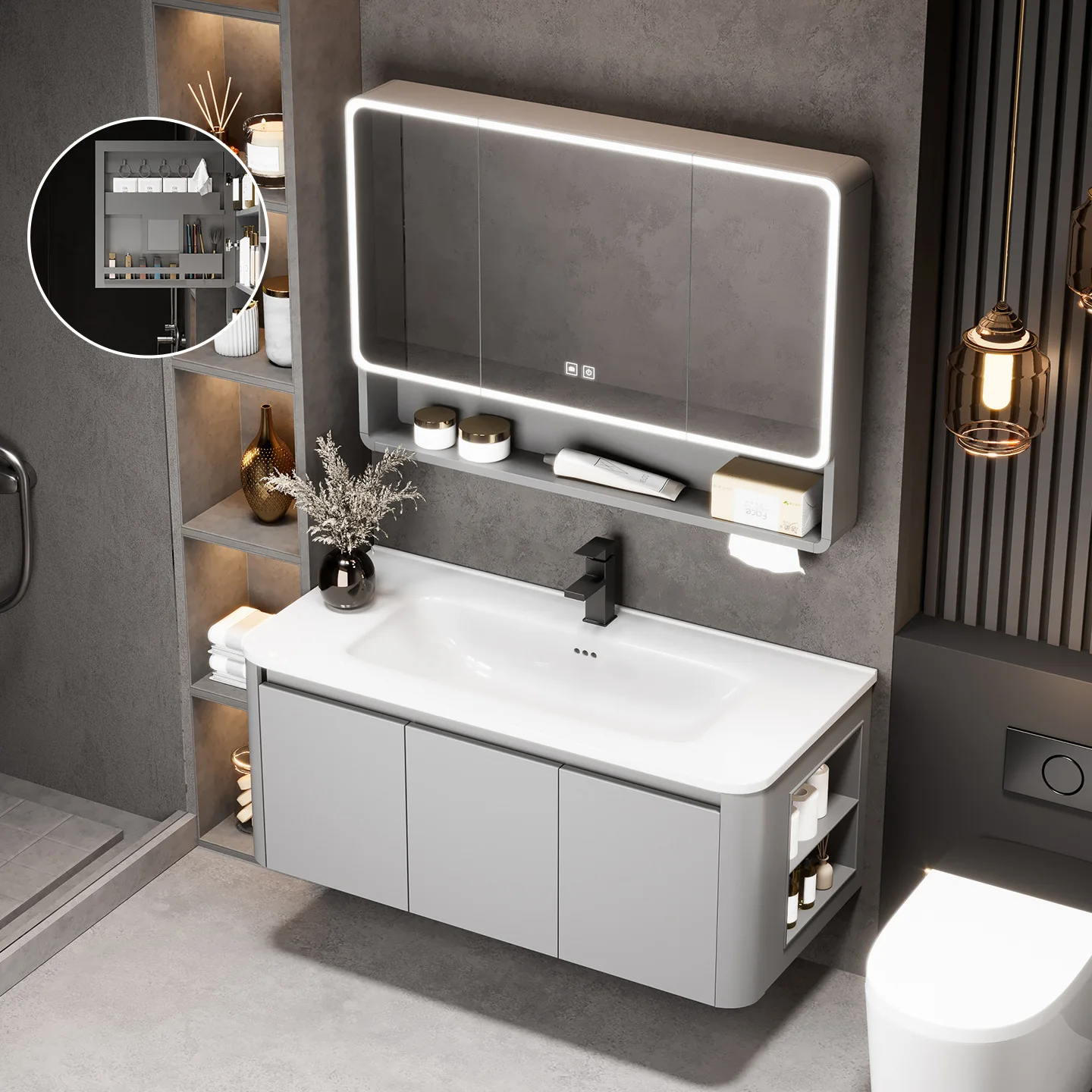 Bathroom Cabinet Combination Wall-mounted Washbasin Integrated Intelligent LED Mirror Cabinet Gray Modern Simple Engineering Cus